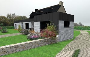Vue 3D de l'extension et de son jardin d'une maison sur Ploemeur