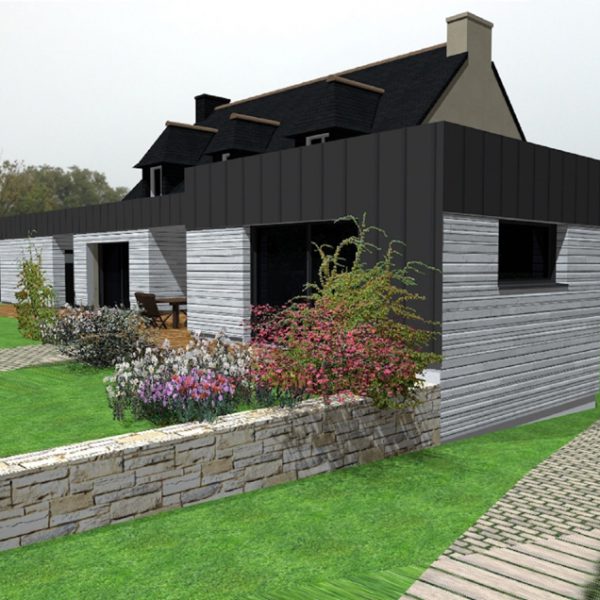 Vue 3D de l'extension et de son jardin d'une maison sur Ploemeur