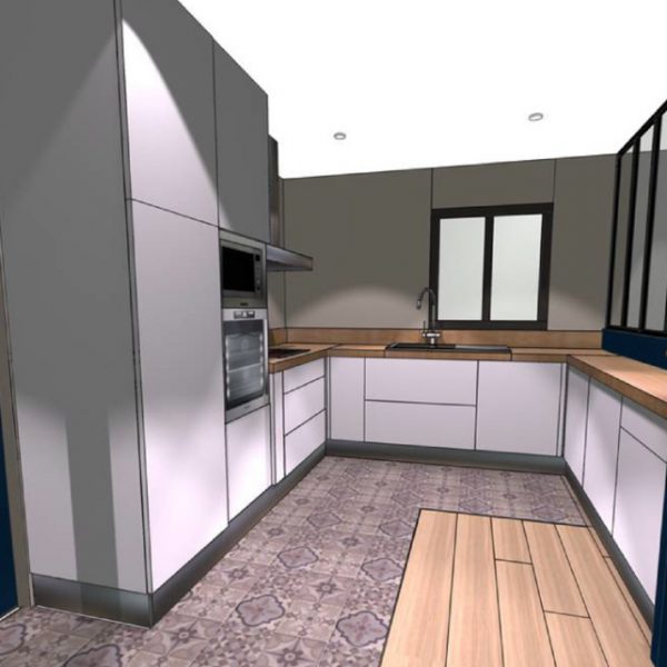 Plan 3D de la cuisine et la verrière pour la rénovation d'une mais de Languidic