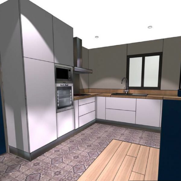Autre vue 3D de la cuisine pour la rénovation d'une mais de Languidic