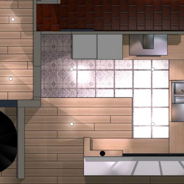 Plan 3D en vue plongeante de la cuisine pour la rénovation d'une mais de Languidic