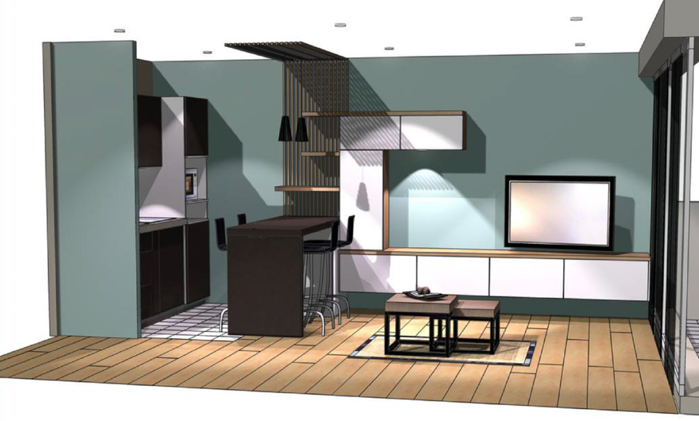 Vue 3D de la cuisine et du salon pour la rénovation du studio à Concarneau