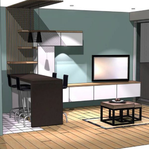 Vue 3D de la cuisine et du salon du studio pour la rénovation à Concarneau