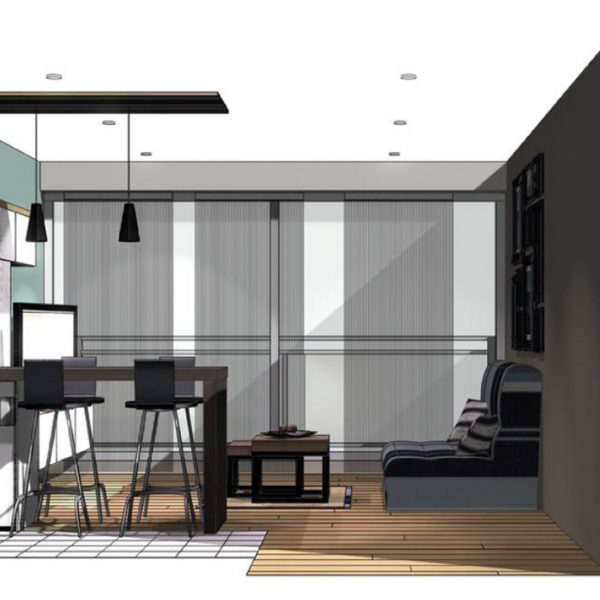 Vue de profil 3D du salon pour la rénovation d'un studio à Concarneau