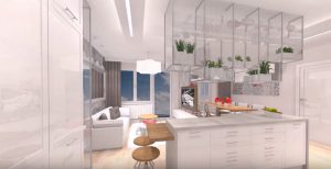 Ilot centrale de la cuisine de l'appartement rénové en vue 3D sur Lanester